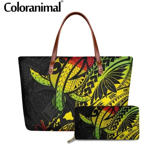 Coloranimal Fashion Large Capacity Tote Bag 2Pcs/Set Handbag&Wallet Hawaiian Ohana Reggae Turtle Printing Ladies Shoulder Bolsa