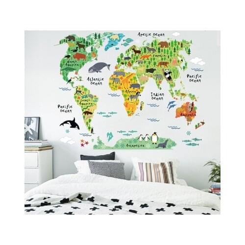 Animal Cartoon New World Map Wallpaper Wall Decor Home Decal Wall Sticker For Kids Room Nursery Bookstore Living Room Poster