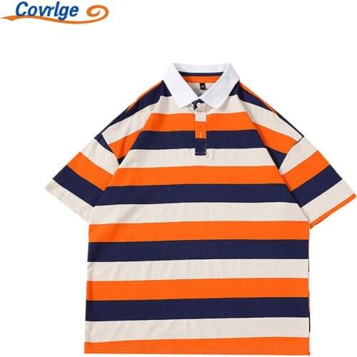 Covrlge New Mens PoloT-shirt Oversize Daily Fashion Stripe Round Neck Comfortable Trendy Cotton The New Clothing MTS698