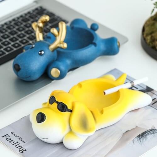 Creative Resin Cute Dog Deer Pet Ashtray Anti-fly Ash Home Parlour Office Trendy Decorative Ornaments Candy Snacks Key Storage