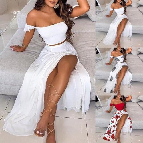 New Off-Shoulder Maxi Dress Floral Print Party Long Dress Summer Female Sexy Split Side Wrap Chest Dress Elegant Party Dress