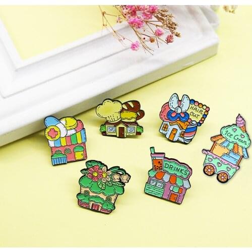 Elven bungalow Enamel Brooch florist Drinks Barber Shop bakery hospital Ice cream truck Dessert house Lapel Pin Cute Badge