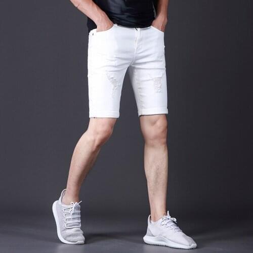 Summer New Casual Men Shorts White Straight Ripped Knee Length Denim Shorts Streetwear Cotton Hole Male Short Jeans
