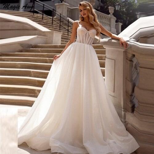 Magic Awn Shiny Princess Wedding Dresses 2021 Spaghetti Straps Illusion Boho A-Line Wedding Party Gowns Vestidos De Novia
