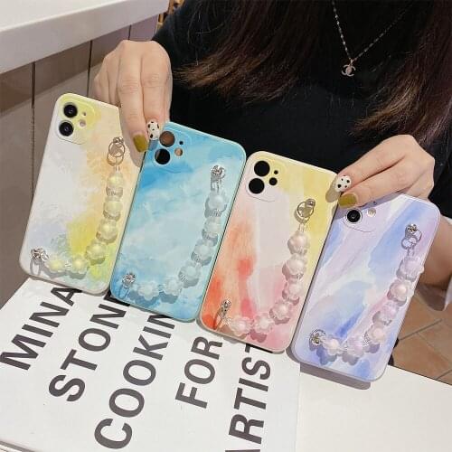 Colorful Watercolor Painting Flower Wrist Chain Phone Case for iPhone11 12Pro Max X XS XR 6S 7 8Plus Silicone Soft Cover
