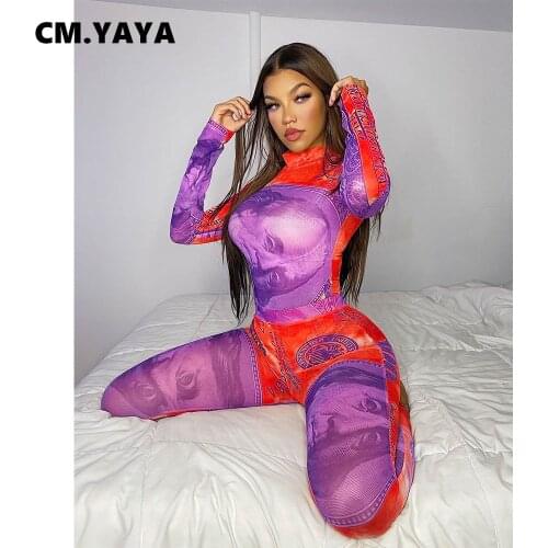 CM.YAYA Women Set Print Full Sleeve O-neck Slim Tops Stretchy Pencil Pants Two 2 Piece Sets Fashion Outfit Summer Tracksuits