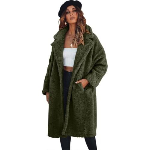 Women Warm Thick Coat Plus Size Plush Long Sleeve Lapel Button Up Parka Outwear Jacket Overcoat with Pockets