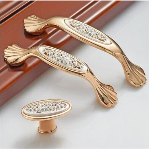 Champagne Gold Door Handles with Diamond Luxury Zinc Alloy Drawer Knobs European Wardrobe Furniture Pulls Hardware