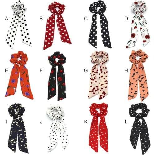 12 Colors Korean Summer Fresh Hair Rope Women Vintage Floral Polka Dot Heart Print Ponytail Holder Long Ribbon Scarf Scrunchies