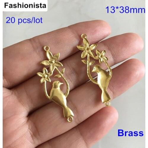 20 pcs Raw Brass Flowers Bird Charm Connectors,13*38mm Bird on Branch,Brass Stamping Bird Charms For Jewelry Crafts DIY