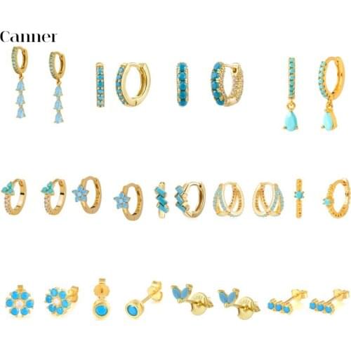 CANNER 925 Sterling Silver Korean Bling Turquoise Small Stud Earring For Women Girls Minimalist Aretes Bohemia Earrings Jewerly