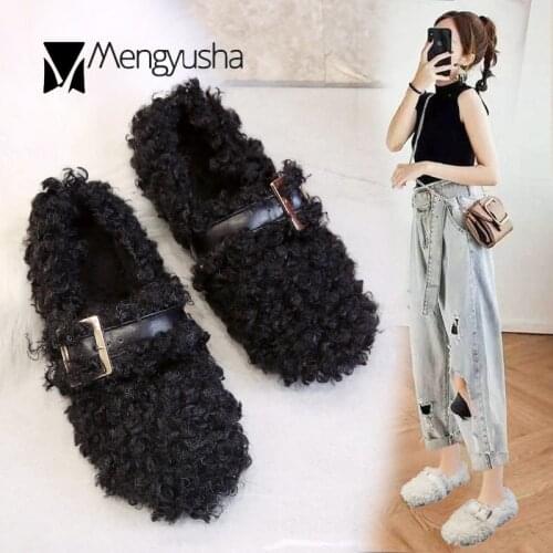 Long curly lamb wool warm flats cotton shoes woman 2019 winter plus size slip-on loafers trendy buckle shallow mary jeans shoes