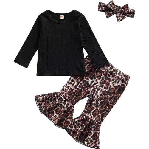 1-5Y Toddler Kids Baby Girl Long Sleeve Cotton T-shirt Tops Leopard Flared Pant Bell Bottom Headband 3PCS Clothing Set