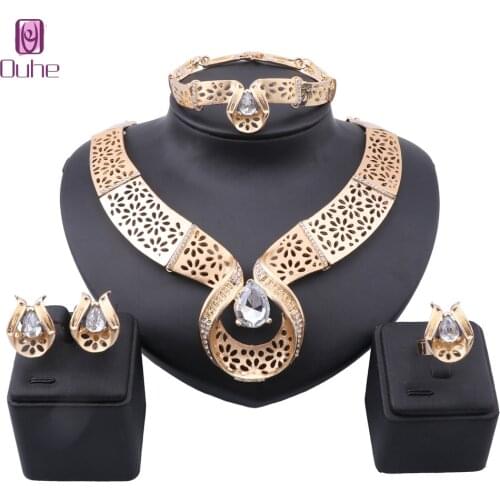 Bridal Dubai Gold Color Jewelry Sets Crystal Necklace Bangle Nigerian Wedding Party Women Earring Ring Jewelry Set