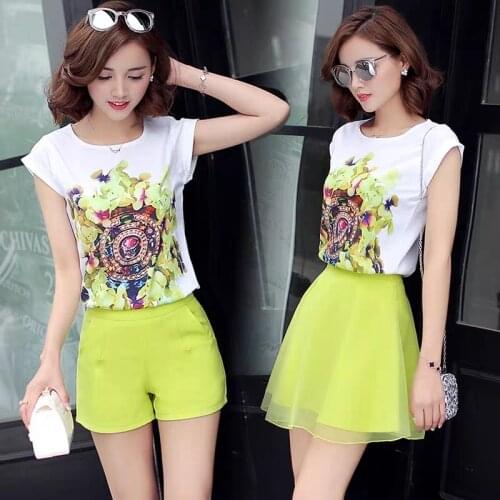 Summer Women two piece set chiffon suits printed blouse shirt women tops + shorts set