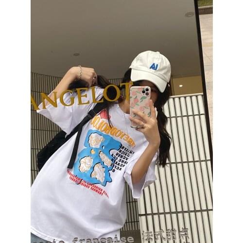 Summer white love printed t-shirt design sense niche short-sleeved Korean loose half-sleeved shirt wild round neck 2021 new fema