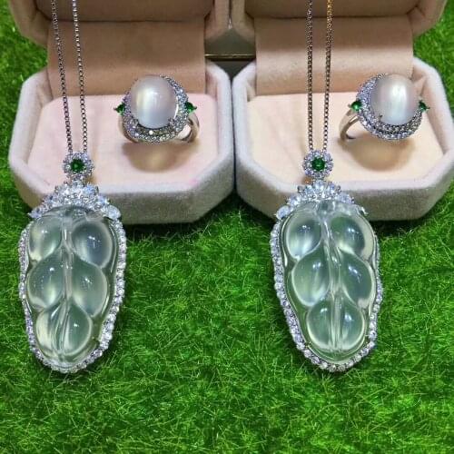 Natural leaves shape jade pendant ring earring with 925 sterling silver set jade pendant jade ring jade set 1 set