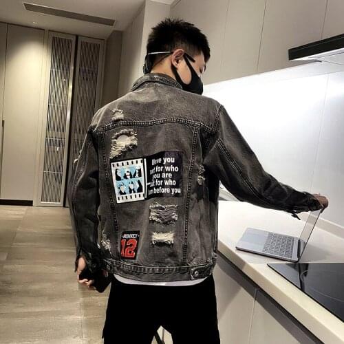 YASUGUOJI New 2021 Mens Denim Jackets Mens Fashion Casual Loose Patch Print Hole Jeans Jacket High Quality Cotton Cowboy Jackets