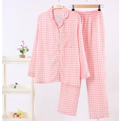 Spring Summer New Cotton Printed Home Wear Womens Fresh Small Plaid Cotton Double-layer Gauze Long-sleeved Trousers Pajamas Set