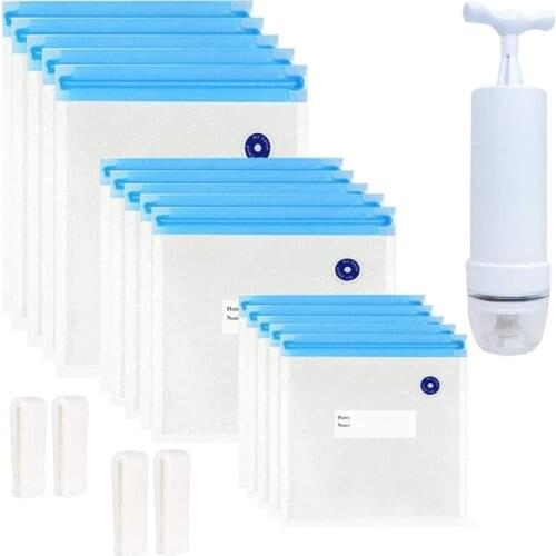 Sous Vide Bags 20Pack Reusable Electric Vacuum Food Storage Save Sealer Cooker with 1 Hand Pump,3 Size Sealed Bag,4 Clip