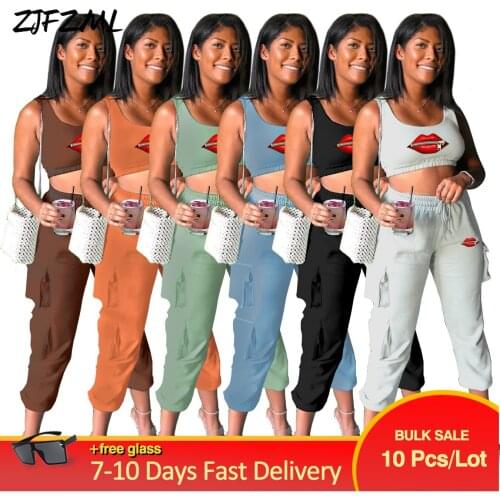 Bulk Items Wholesale Lots Casual Sporty Womens Tracksuit Active Wear Low Neck Workout Vest Top+high Waist Drawstring Trousers