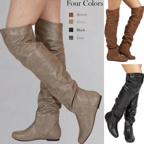 Lasyarrow Over The Knee Boots Women Pu Elastic Boots Female Round Toe Shoes Concise Flat Shoes Autumn Winter 2019 Plus Size 48