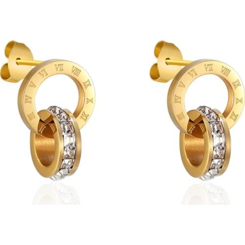 Top Quality Titanium Steel Double Loop Wound Elegant And Charming Roman Numerals Crystal Stud Earrings For Women Gift Jewelry