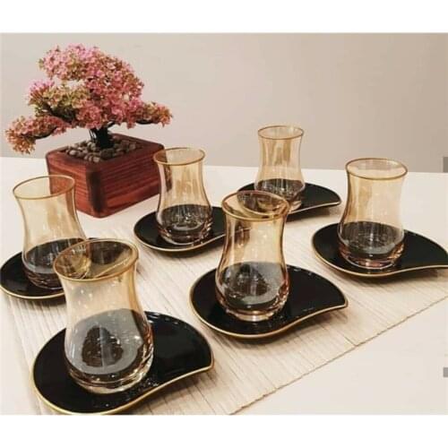 Turkish Tea Cup Black Gold Dish 12 Piece Tea Cup Tea Saucer Tea Set Turkish Russian British Arab Tea barhdakları