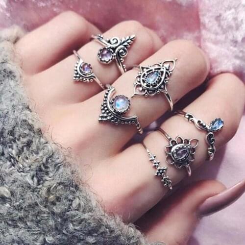 Tocona 40 Style Gold Silver Color Vintage Opal Crystal Carved Flower Snake Knuckle Midi Rings Set for Women Punk Party Jewelry