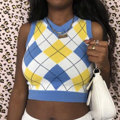 Vintage Argyle Plaid y2k Tank Top Women Fashion Sleeveless Knitted Sweater Vest 90s Crop Tops Knit Autumn Basic Tees