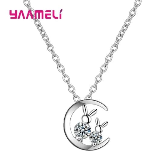 New Arrival Srebrne/Gold Two-Tone Moon Rabbit Cubic Zirconia Pendants Necklaces For Women Romantic 925 Sterling Silver Jewelry