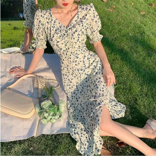 Elegant Chiffon Summer Dress Women 2021 Korean Style Beautiful Floral Print Short Puff Sleeve Holiday Long Dress Female