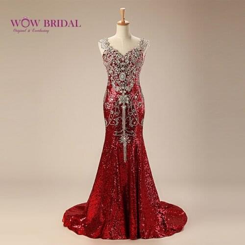 Wowbridal 2021 Noble Red Evening Dress V-Neck Pattern Crystal Open Back Appliques Beaded Sequin Mermaid Draped Long Event Dress