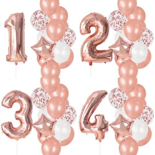 12Pcs Number Foil Rose Gold Latex Balloons Happy Birthday Party Decoration Kids Baby Girl Boy 1st One Years Old Helium Balloon