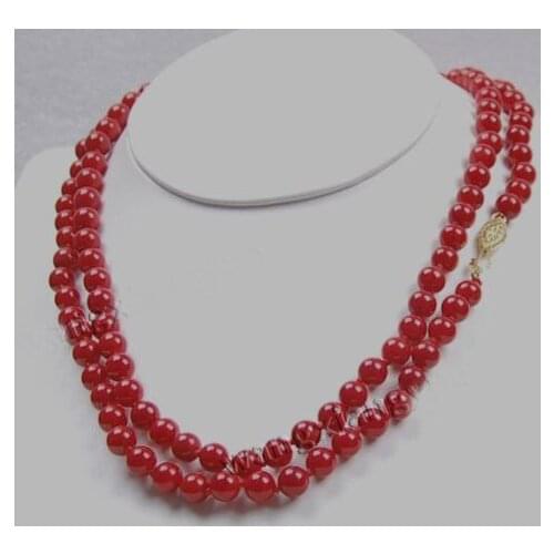 36"LONG 7-7.5mm Japan Red Coral Round Beads Necklace free gift earring