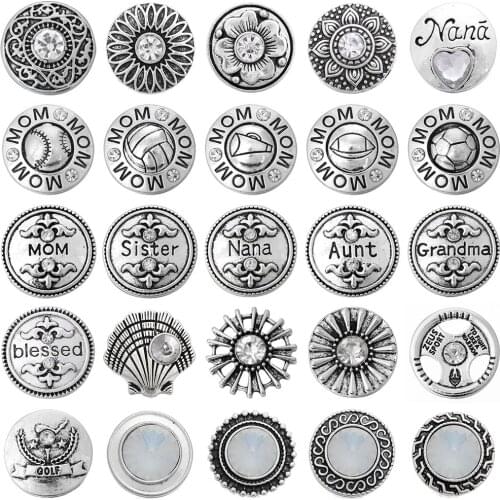 5pcs/lot Mixed Snap Button Jewelry Rhinestone Love Mom Flower 18mm Snap Buttons Fit 18mm Snap Bracelets Bangles Snaps Jewelry