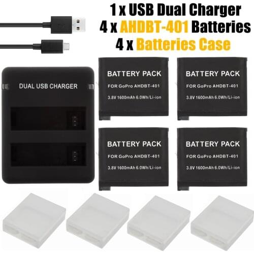 4x1600mAh AHDBT-401 AHDBT 401 AHDBT401 camera battery for GO PRO + Dual port Home Charger for Gopro Hero 4 HD amkov 7000s
