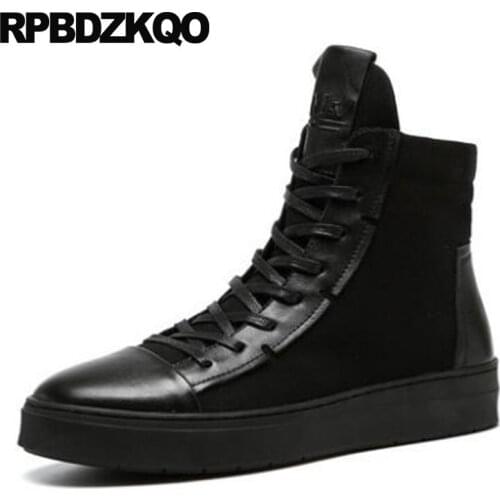 Trainer Boots Full Grain Leather Fur Canvas Flat Booties Winter Ankle Genuine Designer Shoes Men High Quality Black Lined Top