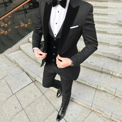Custom Made Black Men Suits Men Wedding Suits For ManTuxedos Groom Peaked Lapel Velvet Vest Coat Pants Terno Blazer Masculino