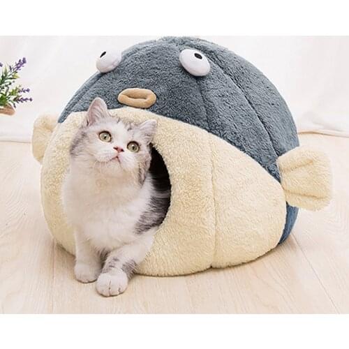 Largemouth Fish Pet Dog Cat Bed Indoor Kitty House Soft Long Plush Bed for Small Dogs Collapsible Cat Pet Products Cama Gato