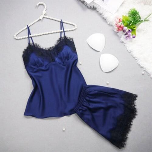 2 Pieces Sets Sleepwear Sets For Women Summer Deep V-neck Sexy Spaghetti Strap Shorts Sleepwear Silk Homewear