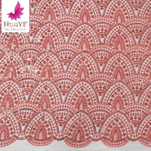 Red Heavy Lace Tulle With Beads And Sequins Bridal French For Wedding Dress HY1159