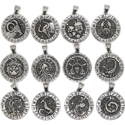 Unisex 316L Stainless Steel Cool ZODIAC Vintage Silver-Color Black Stone Pendant Newest Free Chain