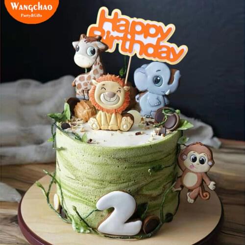 Forest Jungle Animals Giraffe Lion Monkey Theme Cake Topper Safari Party Supplies Happy Birthday Cake Decoration Kids Favors