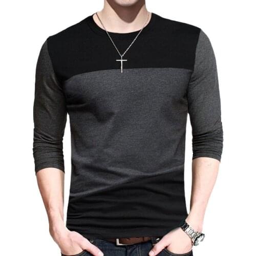Autumn Korean Men T Shirt Vintage Style Patchwork Black&Gray O-Neck Long Tshirt Men Clothing 2021 Plus Size M-5XL