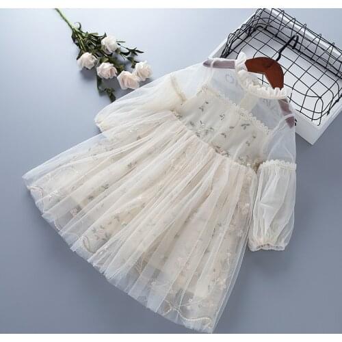 2021 New Sweet Girls Dress Spring Autumn Puff- Sleeve Embroidery Mesh Yarn Birthday Party Princess Dress Kids Clothes