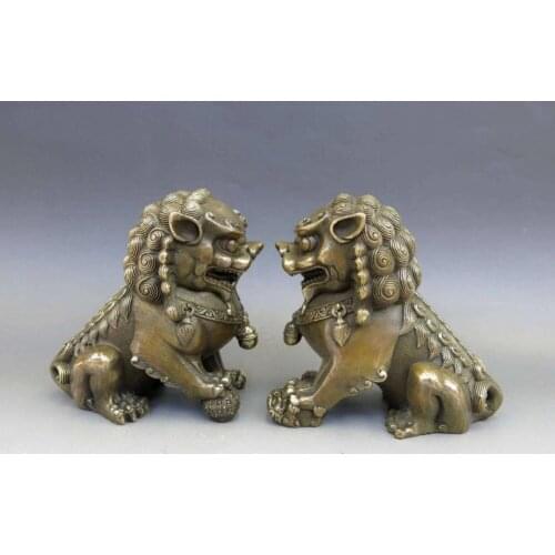 Hand Chinese Brass Copper Animal Feng shui Foo Dog Lion town house Statue pair wholesale 2PCS factory BRASS Arts outlets