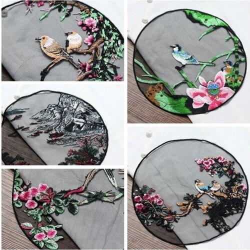 Mesh Embroidery Watercolour Lotus Flower Bird Patches Embroidered Sew On Appliques Lace Cloth Sticker Clothes Dress Accessories