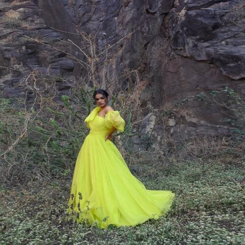 Light Yellow Summer Dress Women Strapless A-Line Evening Dresses Tulle Mesh Plus Size Photography Custom Made