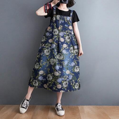 Korea Style Street Fashion Sweet Girls Dinem Dress 2021 New Print Floral Loose Women Casual Summer Midi Dress Suspender Dress